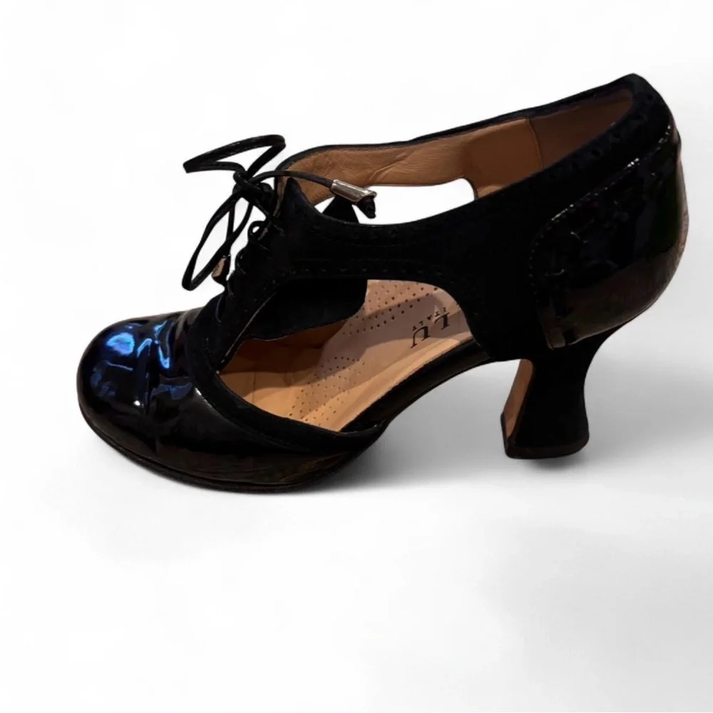 Anyi Lu Handmade Italy Black Patent Suede Lace-Up Oxford Block Heel Brogue Pump